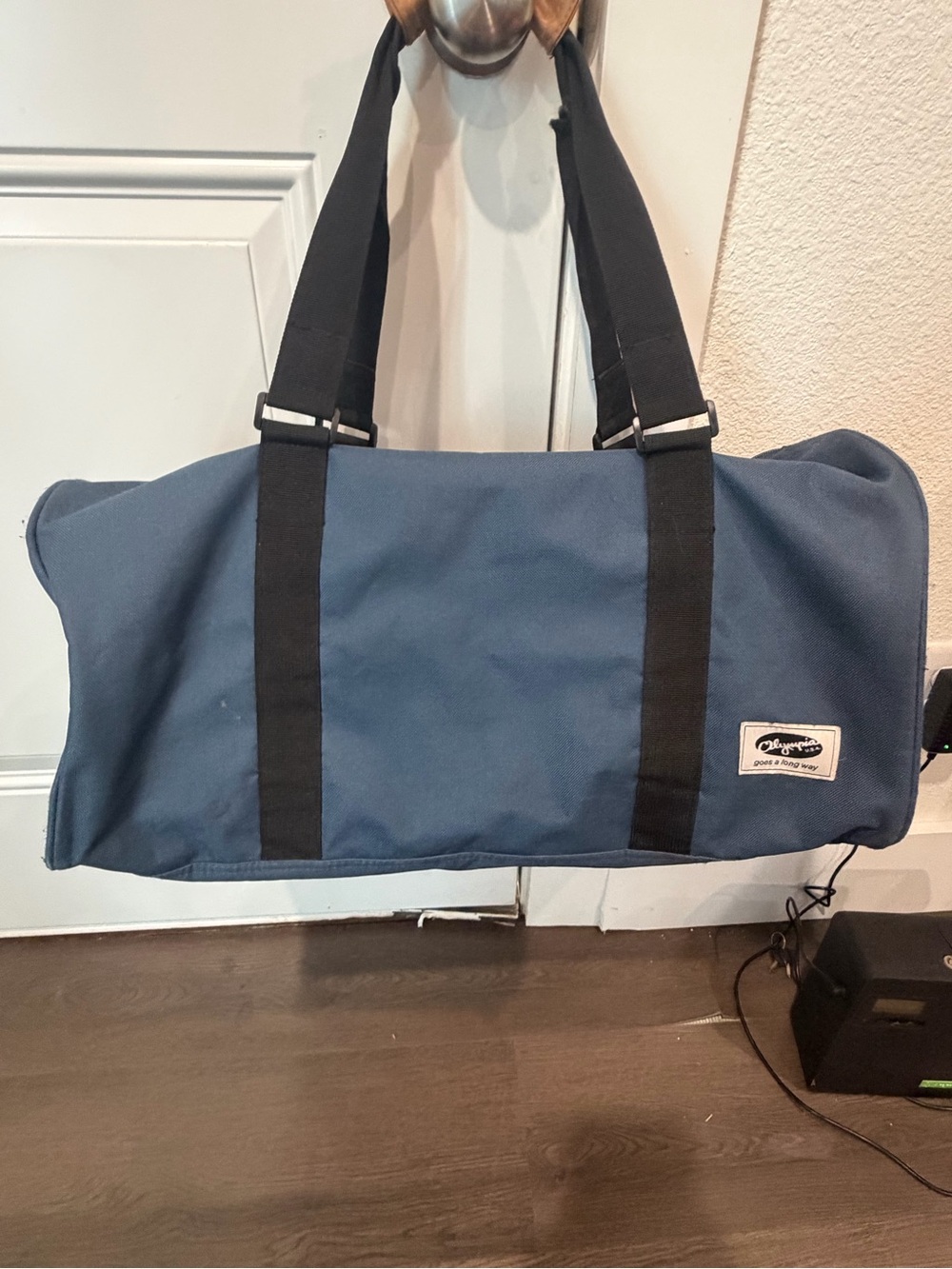 Vintage Olympia Blue Canvas Duffel Bag with Black Straps